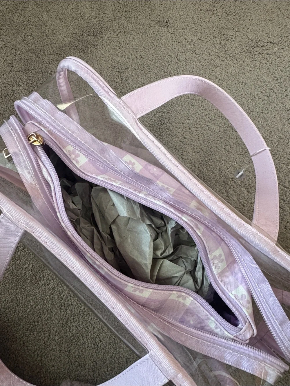 Purple Pastel Clear Mini Travel Tote Bag Checkered Floral Makeup Bag